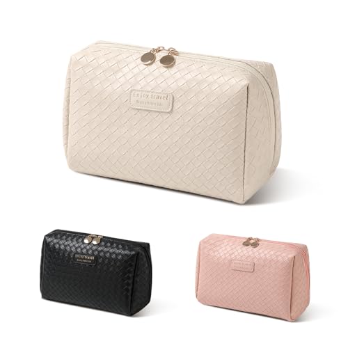 Kosmetiktasche Groß Kulturbeutel Damen PU Leder Reise Schminktasche, Make up Tasche Wasserdichter Tragbare Makeup Bag Taschen Organizer mit Reißverschluss （White Groß） von ZLDHMA