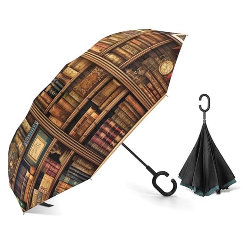 ZLFDSKGY Auto-Regenschirm, Bibliotheks-Bücherregal, Buchdruck, doppellagig, umgekehrter Regenschirm mit C-förmigem Griff, winddichter Sonnenschutz und regenfester umgekehrter Regenschirm für Damen und von ZLFDSKGY