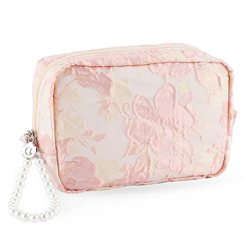 Make-up-Tasche Reise Niedliche Kosmetiktaschen für Frauen Große Make-up-Tasche Perle Reißverschluss Ästhetische Stickerei Handheld Make-up Tasche, Rosa Blume, Peal von ZLFSRQ