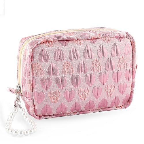 Make-up-Tasche Reise Niedliche Kosmetiktaschen für Frauen Große Make-up-Tasche Perle Reißverschluss Ästhetische Stickerei Handheld Make-up Tasche, rosa herz, Peal von ZLFSRQ