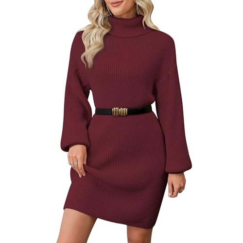ZLIGXEA 2024 Trendiges Rollkragen pulloverkleid aus geripptem Strick mit Laternenärmeln – Langarm pulloverkleid für Damen Rot L von ZLIGXEA