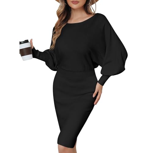 ZLIGXEA Langärmeliges Minikleid Bleistiftkleider für Frauen Businesskleider Strickkleider Langarm Bodycon Kleid Schwarz L von ZLIGXEA