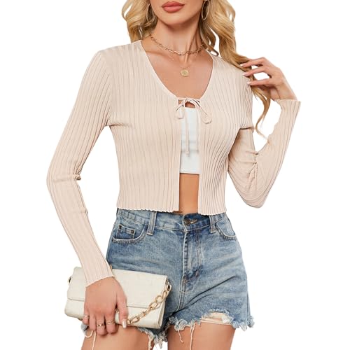 ZLIGXEA Damen Langarm Strickjacke mit Schnürung vorne Elegant V-Ausschnitt Y2K Cardigan Rippstrick Strickpullover Aprikose L von ZLIGXEA