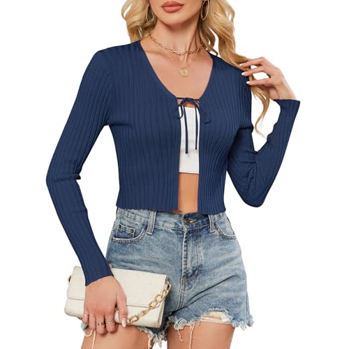 ZLIGXEA Damen Langarm Strickjacke mit Schnürung vorne Elegant V-Ausschnitt Y2K Cardigan Rippstrick Strickpullover Marineblau S von ZLIGXEA