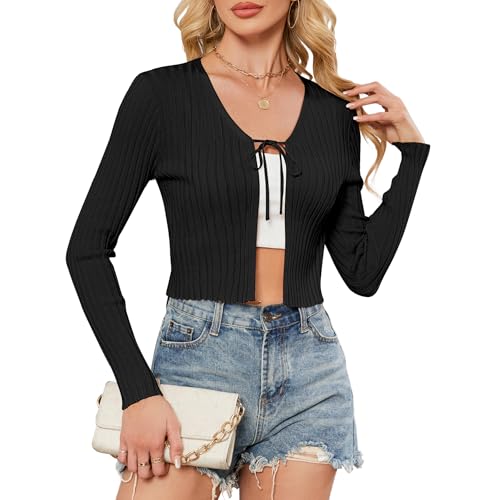 ZLIGXEA Damen Langarm Strickjacke mit Schnürung vorne Elegant V-Ausschnitt Y2K Cardigan Rippstrick Strickpullover Schwarz S von ZLIGXEA
