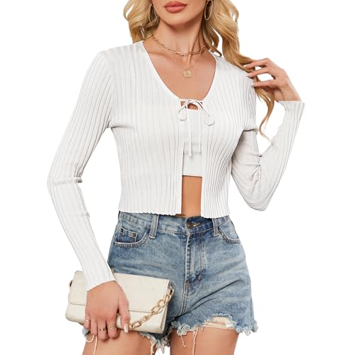 ZLIGXEA Damen Langarm Strickjacke mit Schnürung vorne Elegant V-Ausschnitt Y2K Cardigan Rippstrick Strickpullover Weiß M von ZLIGXEA