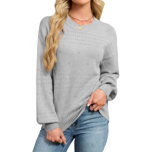 ZLIGXEA Damen Pullover Herbst Langarm Rundhals Ausschnitt Häkelpullover Winter Elegant Strickpulli Mode Warme Lässige Strickpullover Oberteile Sweater Graue S von ZLIGXEA