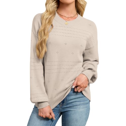 ZLIGXEA Damen Pullover Langarm Rundhals Ausschnitt Strickpullover Herbst Winter Elegant Strickpulli Mode Warme Lässige Häkelpullover Aprikose L von ZLIGXEA