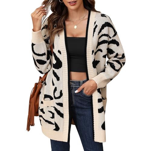 ZLIGXEA Damen Strickjacke Langarm Animal Print Leopard Knit Sweater Open Front mit Taschen Mantel S-XL, Beige, X-Groß von ZLIGXEA