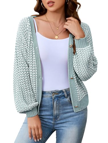 ZLIGXEA Damen Strickjacke Langarm V Ausschnitt Kurze Frauen Strickjacken Herbst Leicht Knopfleiste Open Front Strick Cardigan Elegant Casual Strickpullover Blau M von ZLIGXEA