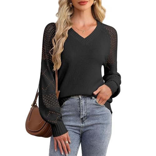 ZLIGXEA Damen Strickpullover Herbst Leichte Elegant Langärmeliger Casual Pullover Mit V-Ausschnitt Schwarz M von ZLIGXEA