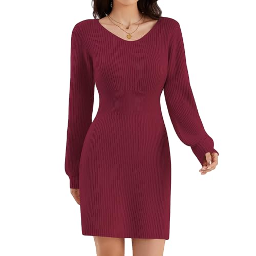 ZLIGXEA Damen Strickpullover Kleid Herbst V-Ausschnitt Langarm Elegant Winterkleider für lässige Kleidung und Cocktail Parties Weinrot S von ZLIGXEA