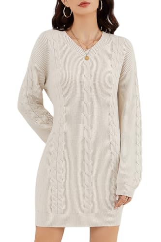 ZLIGXEA Damen Zopfmuster Strickpullover Kleid Bodycon Minikleid mit V-Ausschnitt Langarm Herbst Winter Figurbetontes Strickkleid Aprikose M von ZLIGXEA