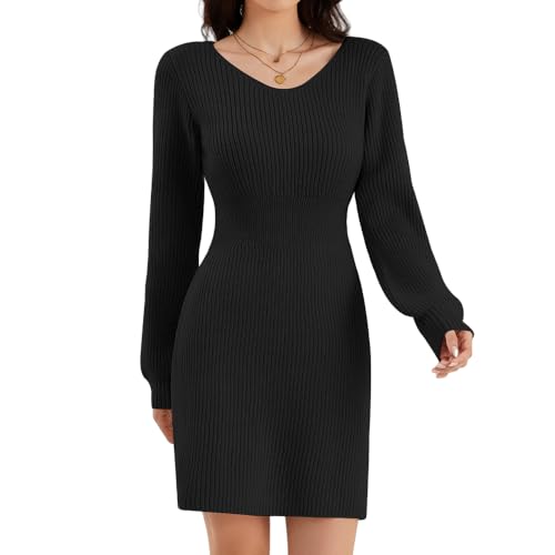 ZLIGXEA Frauen Strickkleid Winter V-Ausschnitt Langarm Elegant Bodycon Strickpullover Winterkleid für Freizeitbekleidung Cocktail Partys Schwarz XL von ZLIGXEA