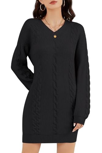 ZLIGXEA Frauen Strickpullover Kleid Herbst V-Ausschnitt Langarm Elegant Bodycon Strickkleid Winterkleid für Freizeitbekleidung Schwarz L von ZLIGXEA