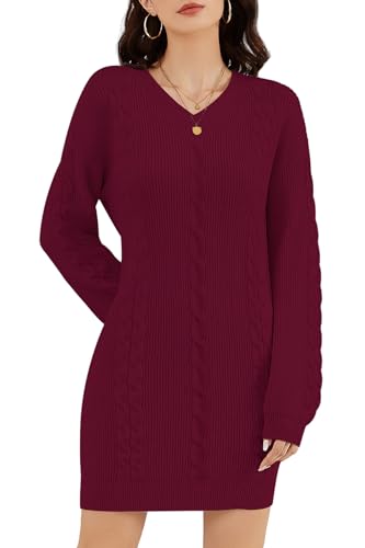 ZLIGXEA Frauen Strickpullover Kleid Herbst V-Ausschnitt Langarm Elegant Bodycon Strickkleid Winterkleid für Freizeitbekleidung Weinrot XL von ZLIGXEA