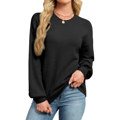 ZLIGXEA Pullover für Damen Langarm Rundhals Ausschnitt Häkelpullover Herbst Winter Elegant Strickpulli Mode Warme Lässige Strickpullover Oberteile Schwarz L von ZLIGXEA