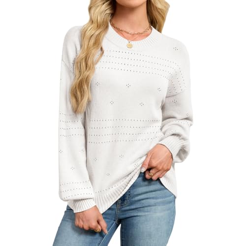 ZLIGXEA Pullover für Frauen Langarm Rundhals Ausschnitt Häkelpullover Herbst Winter Elegant Strickpulli Mode Warme Lässige Strickpullover Oberteile Weiß M von ZLIGXEA