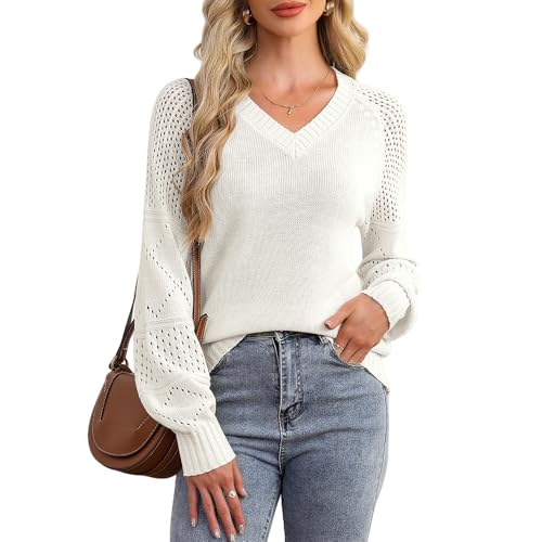 ZLIGXEA Pullover für Frauen Langarm Rundhals Ausschnitt Strickpullover Herbst Warme Strickpulli Weiß XL von ZLIGXEA