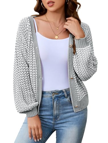 ZLIGXEA Strickjacke Damen V Ausschnitt Langarm Herbst Kurze Strickjacken Leicht Knopfleiste Open Front Strick Cardigan Elegant Casual Strickpullover Graue S von ZLIGXEA