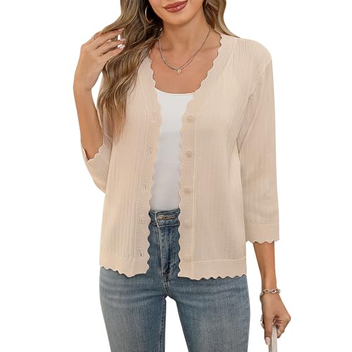 ZLIGXEA Strickjacke Damen mit Knöpfen und V Ausschnitt Langarm Leichte und sommerliche Cardigan Eleganter Shrug mit Spitze Aprikose XL von ZLIGXEA