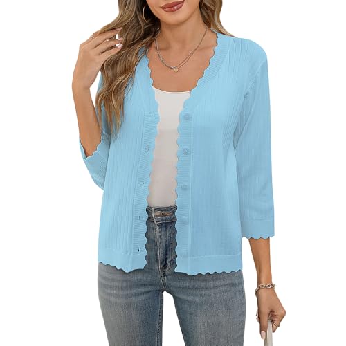ZLIGXEA Strickjacke Damen mit Knöpfen und V Ausschnitt Langarm Leichte und sommerliche Cardigan Eleganter Shrug mit Spitze Hellblau M von ZLIGXEA