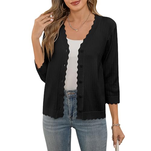 ZLIGXEA Strickjacke Damen mit Knöpfen und V Ausschnitt Langarm Leichte und sommerliche Cardigan Eleganter Shrug mit Spitze Schwarz L von ZLIGXEA