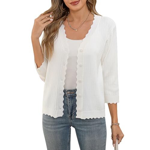 ZLIGXEA Strickjacke Damen mit Knöpfen und V Ausschnitt Langarm Leichte und sommerliche Cardigan Eleganter Shrug mit Spitze Weiß S von ZLIGXEA