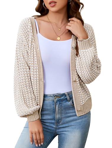 ZLIGXEA Strickjacke für Damen Langarm V Ausschnitt Kurze Strickjacken Herbst Leicht Knopfleiste Open Front Strick Cardigan Elegant Casual Strickpullover Aprikose M von ZLIGXEA