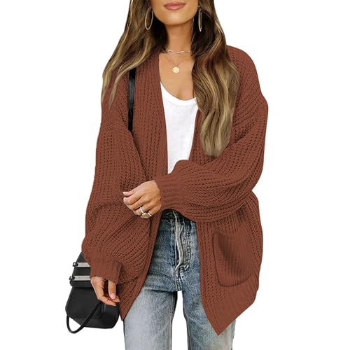 ZLIGXEA Strickjacken für Damen Langarm Strickjacke V Ausschnitt Cardigan Frauen Leicht Gestrickt Jacke mit Taschen Braun M von ZLIGXEA