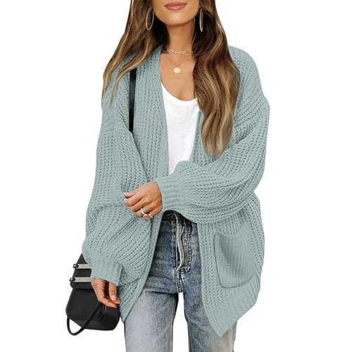 ZLIGXEA Strickjacken für Damen Langarm Strickjacke V Ausschnitt Cardigan Frauen Leicht Gestrickt Jacke mit Taschen Grün L von ZLIGXEA