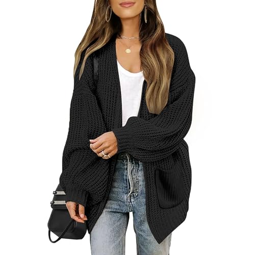 ZLIGXEA Strickjacken für Damen Langarm Strickjacke V Ausschnitt Cardigan Frauen Leicht Gestrickt Jacke mit Taschen Schwarz L von ZLIGXEA