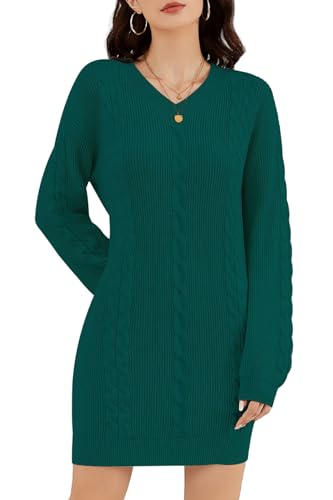 ZLIGXEA Strickkleid für Damen Herbst V-Ausschnitt Langarm Elegant Zopfmuster Strickpullover Kleid Winter Dehnbares Strickkleid Figurbetont Grün XL von ZLIGXEA