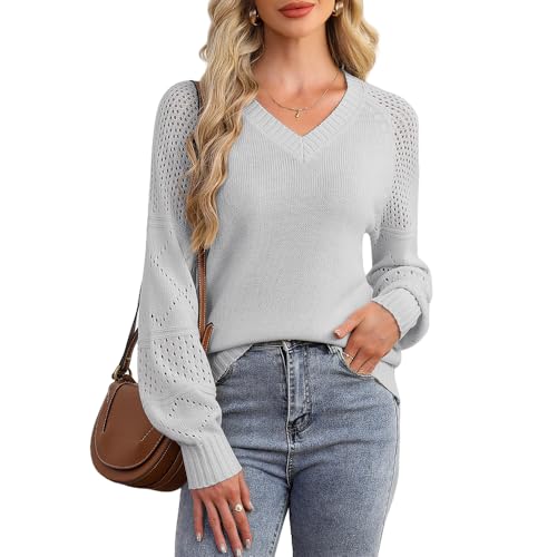 ZLIGXEA Strickpullover Damen Herbst Elegant Lässige Strickpulli Langärmeliger Casual Pullover Oberteile Mit V-Ausschnitt Grau XL von ZLIGXEA