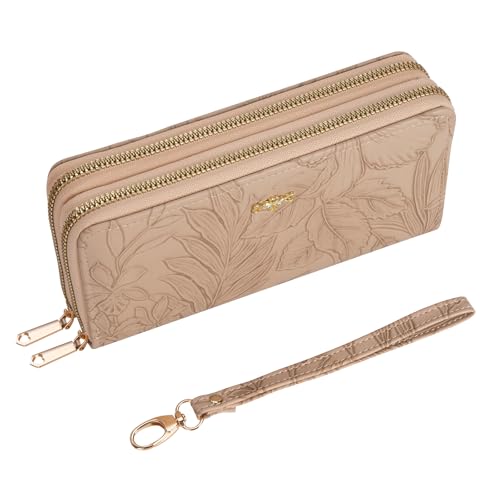 ZLLkeji Geldbeutel Damen Mode Geldbörse PU Leder Lange Geldbörsen Blumen Reißverschluss Portemonnaie Viel Kartenfächer Für Dating Shopping Party (Aprikose) von ZLLkeji