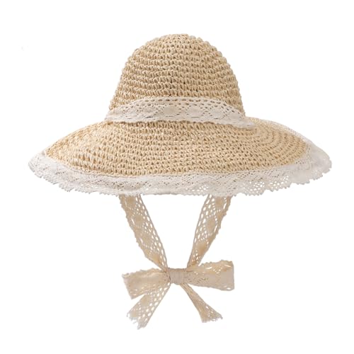 ZLLkeji Sonnenhut Damen Strandhut Faltbar mit Seil Uv-Schutz Einstellbar Sommerhut UPF 50+ Breitkrempiger Strohhut Aus Spitze für Reise Urlaub Beige von ZLLkeji
