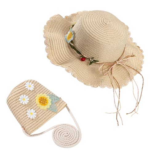 ZLLkeji Strohhut und Kleine Tasche Set Mädchen Sommer Sonnenhut und Mini Handtasche Sets Mädchen Strohhut Anzug mit Blumen für Kinder Sommer Strand Outdoor-Aktivitäten von ZLLkeji
