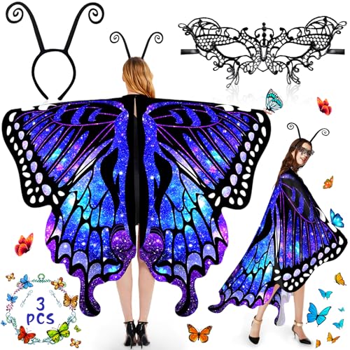 ZLPBAO Schmetterlingsfee Wings Scha mit Haarreif, Spitzenmaske, Schmetterling Kostüm Damen Flügel Schmetterlingsflügel Erwachsene Faschingskostüme Damen Umhang von ZLPBAO