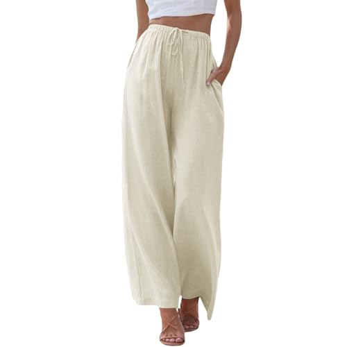 Damen Leinenhose Lang Leicht Sommerhose Loose Fit Casual Locker Stoffhose Weite Beine Palazzo Hose mit Taschen Sommerhose Damen Leicht Baumwolle Leinen Hose Einfarbig Freizeithose (Beige-C, M) von ZLQRSSWK
