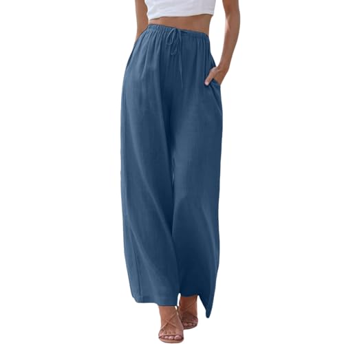Damen Leinenhose Lang Leicht Sommerhose Loose Fit Casual Locker Stoffhose Weite Beine Palazzo Hose mit Taschen Sommerhose Damen Leicht Baumwolle Leinen Hose Einfarbig Freizeithose (Blue-C, XXL) von ZLQRSSWK