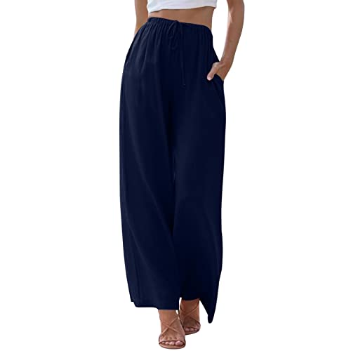 Damen Leinenhose Lang Leicht Sommerhose Loose Fit Casual Locker Stoffhose Weite Beine Palazzo Hose mit Taschen Sommerhose Damen Leicht Baumwolle Leinen Hose Einfarbig Freizeithose (Dark Blue-B, L) von ZLQRSSWK