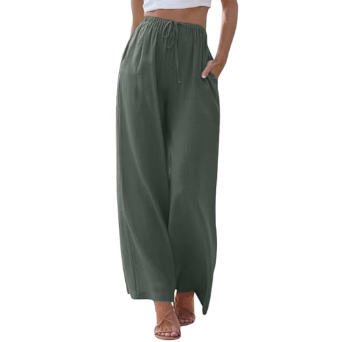Damen Leinenhose Lang Leicht Sommerhose Loose Fit Casual Locker Stoffhose Weite Beine Palazzo Hose mit Taschen Sommerhose Damen Leicht Baumwolle Leinen Hose Einfarbig Freizeithose (Dark Gray-B, S) von ZLQRSSWK