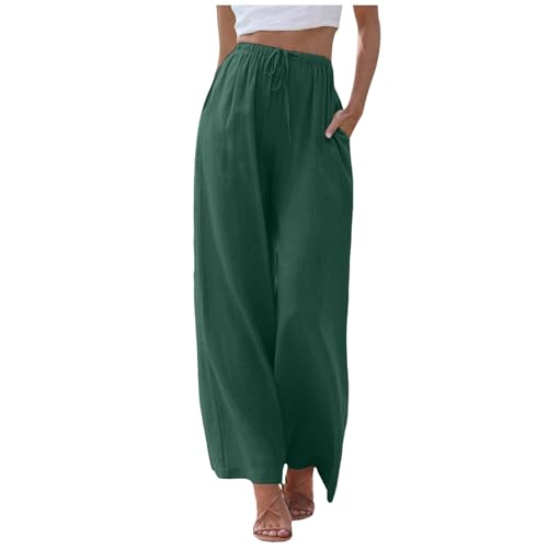 Damen Leinenhose Lang Leicht Sommerhose Loose Fit Casual Locker Stoffhose Weite Beine Palazzo Hose mit Taschen Sommerhose Damen Leicht Baumwolle Leinen Hose Einfarbig Freizeithose (Green-A, XXXL) von ZLQRSSWK