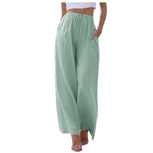 Damen Leinenhose Lang Leicht Sommerhose Loose Fit Casual Locker Stoffhose Weite Beine Palazzo Hose mit Taschen Sommerhose Damen Leicht Baumwolle Leinen Hose Einfarbig Freizeithose (Green-C, XXL) von ZLQRSSWK