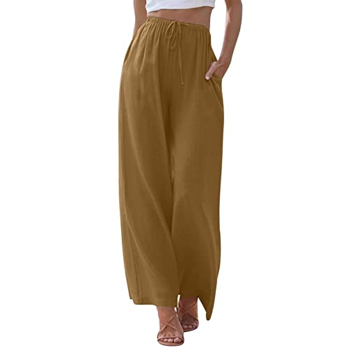 Damen Leinenhose Lang Leicht Sommerhose Loose Fit Casual Locker Stoffhose Weite Beine Palazzo Hose mit Taschen Sommerhose Damen Leicht Baumwolle Leinen Hose Einfarbig Freizeithose (Khaki-B, S) von ZLQRSSWK