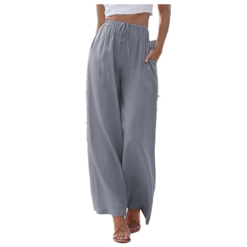 Damen Leinenhose Lang Leicht Sommerhose Loose Fit Casual Locker Stoffhose Weite Beine Palazzo Hose mit Taschen Sommerhose Damen Leicht Baumwolle Leinen Hose Einfarbig Freizeithose (M) von ZLQRSSWK