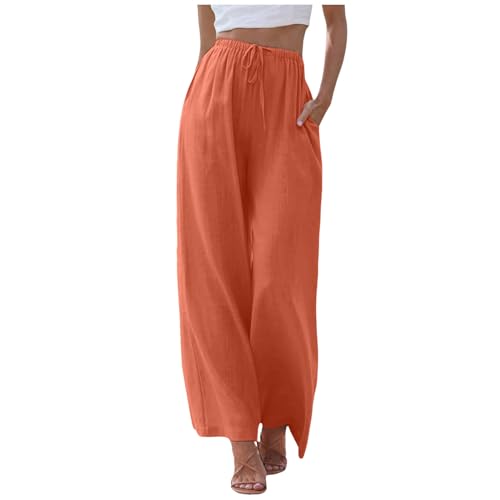 Damen Leinenhose Lang Leicht Sommerhose Loose Fit Casual Locker Stoffhose Weite Beine Palazzo Hose mit Taschen Sommerhose Damen Leicht Baumwolle Leinen Hose Einfarbig Freizeithose (Orange-A, L) von ZLQRSSWK