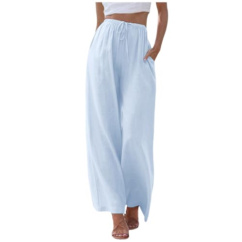 Damen Leinenhose Lang Leicht Sommerhose Loose Fit Casual Locker Stoffhose Weite Beine Palazzo Hose mit Taschen Sommerhose Damen Leicht Baumwolle Leinen Hose Einfarbig Freizeithose von ZLQRSSWK