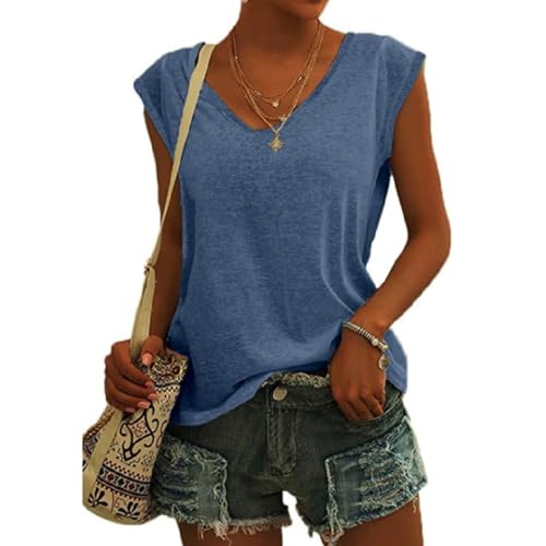 Damen T-Shirt Kurzarm V-Ausschnitt Flügelärmeln Oberteile Blusen Sommer Casual Lose Tank Top Basic Mädchen Tops Bluse Frauen Elegant Ärmellose T-Shirt Casual Weiß Oberteile (Blau,XXL) von ZLQRSSWK