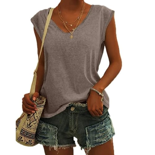 Damen T-Shirt Kurzarm V-Ausschnitt Flügelärmeln Oberteile Blusen Sommer Casual Lose Tank Top Basic Mädchen Tops Bluse Frauen Elegant Ärmellose T-Shirt Casual Weiß Oberteile (Braun,S) von ZLQRSSWK